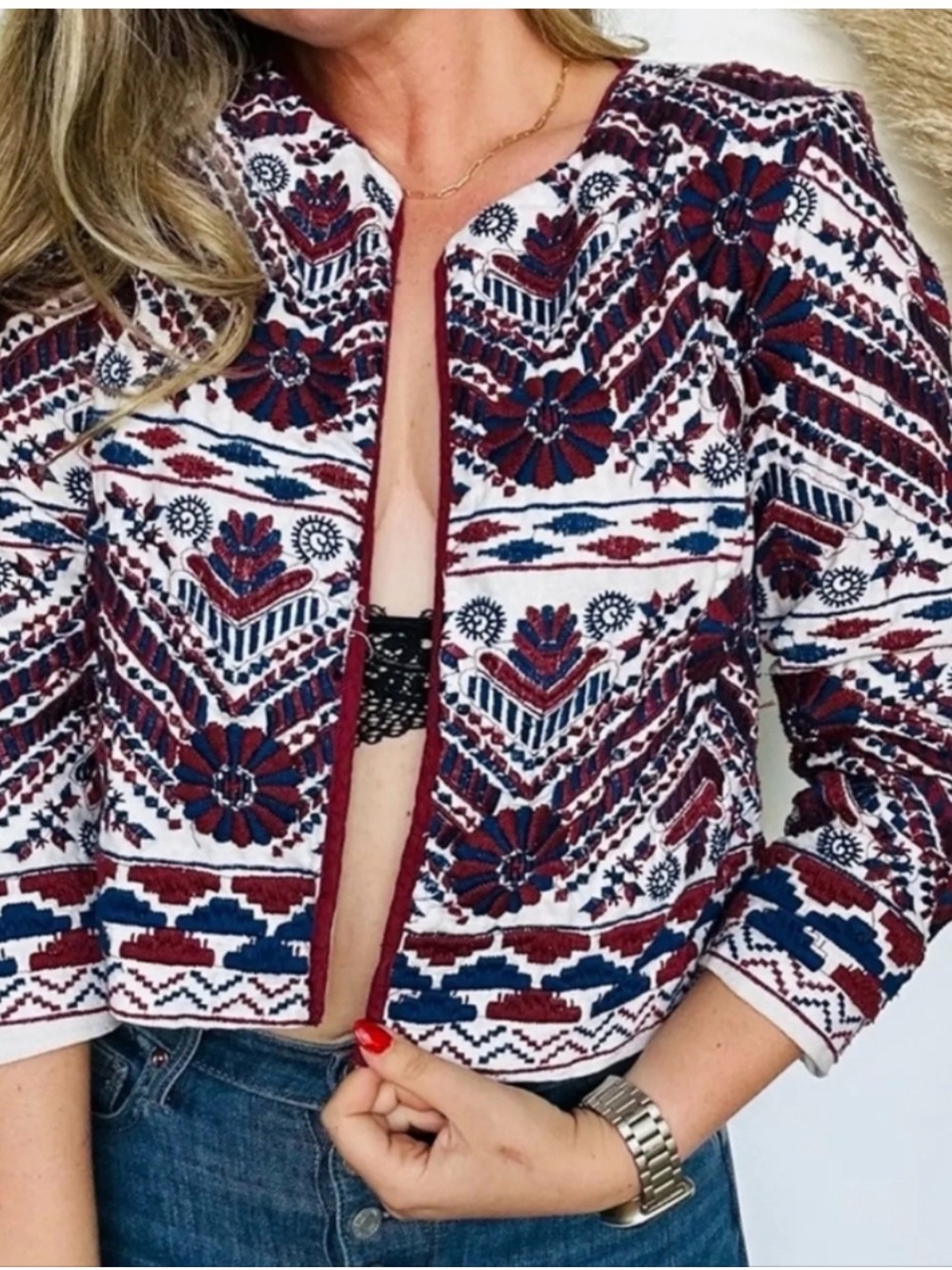 Anthropologie White Jacket with Red & Navy Embroidered Pattern